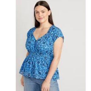 Old Navy Blue Floral Printed Waist Defined Dolman Sleeve Top Blouse Shirt Sz M